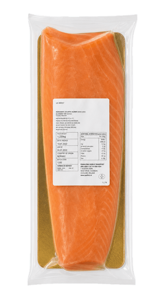 Frozen 5400 SALMON FILLET BONELESS SKIN ON PB D TRIM – VP 10KG